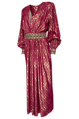 1980s Adele Simpson Pink & Gold Metallic Lame Beaded Dress w Beading