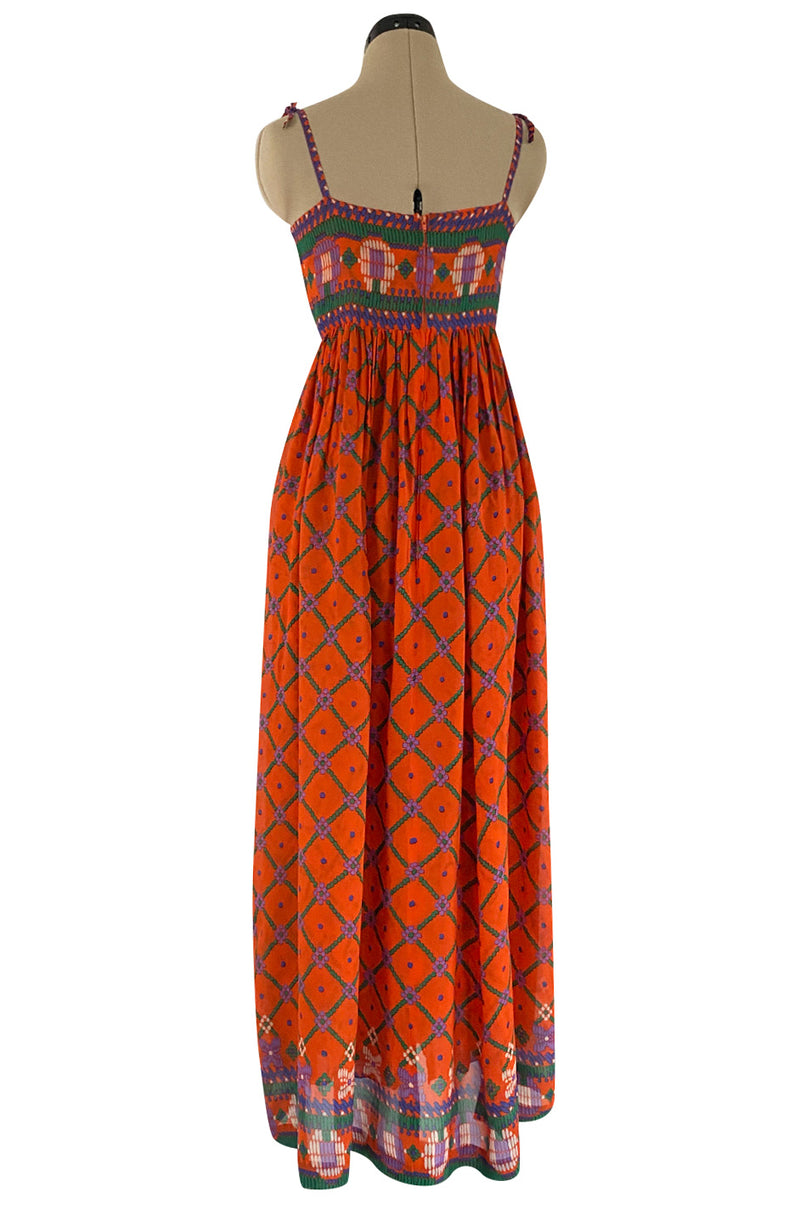 Numbered 1970s Lanvin Couture Fine & Light Silk Crepe Chiffon Printed Orange Sun Dress