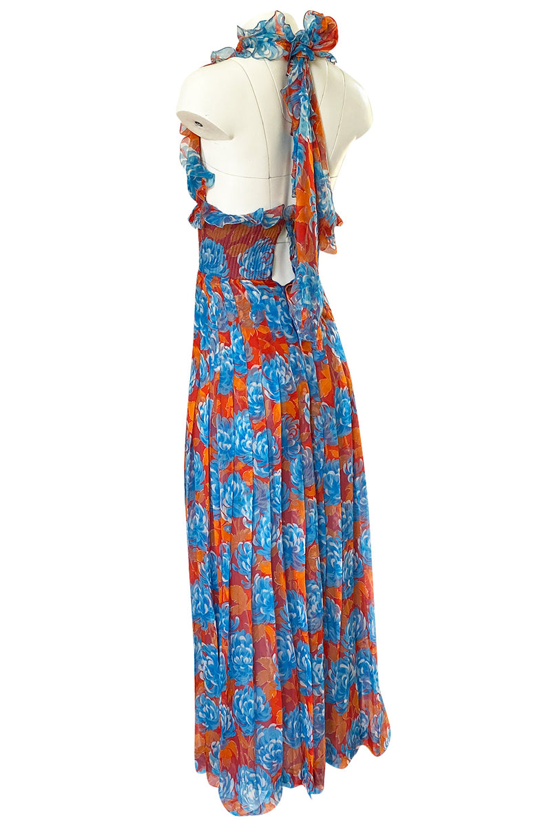 Spectacular c.1978 Valentino Blue & Coral Floral Silk Halter Backless Shrimpton Couture Spectacular c.1978 Valentino Blue & Coral Floral Silk Halter Backless Shrimpton Couture