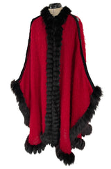 Fabulous 1970s Yves Saint Laurent Red Mohair Cape w Black Fox Fur Trim & Button Detailing