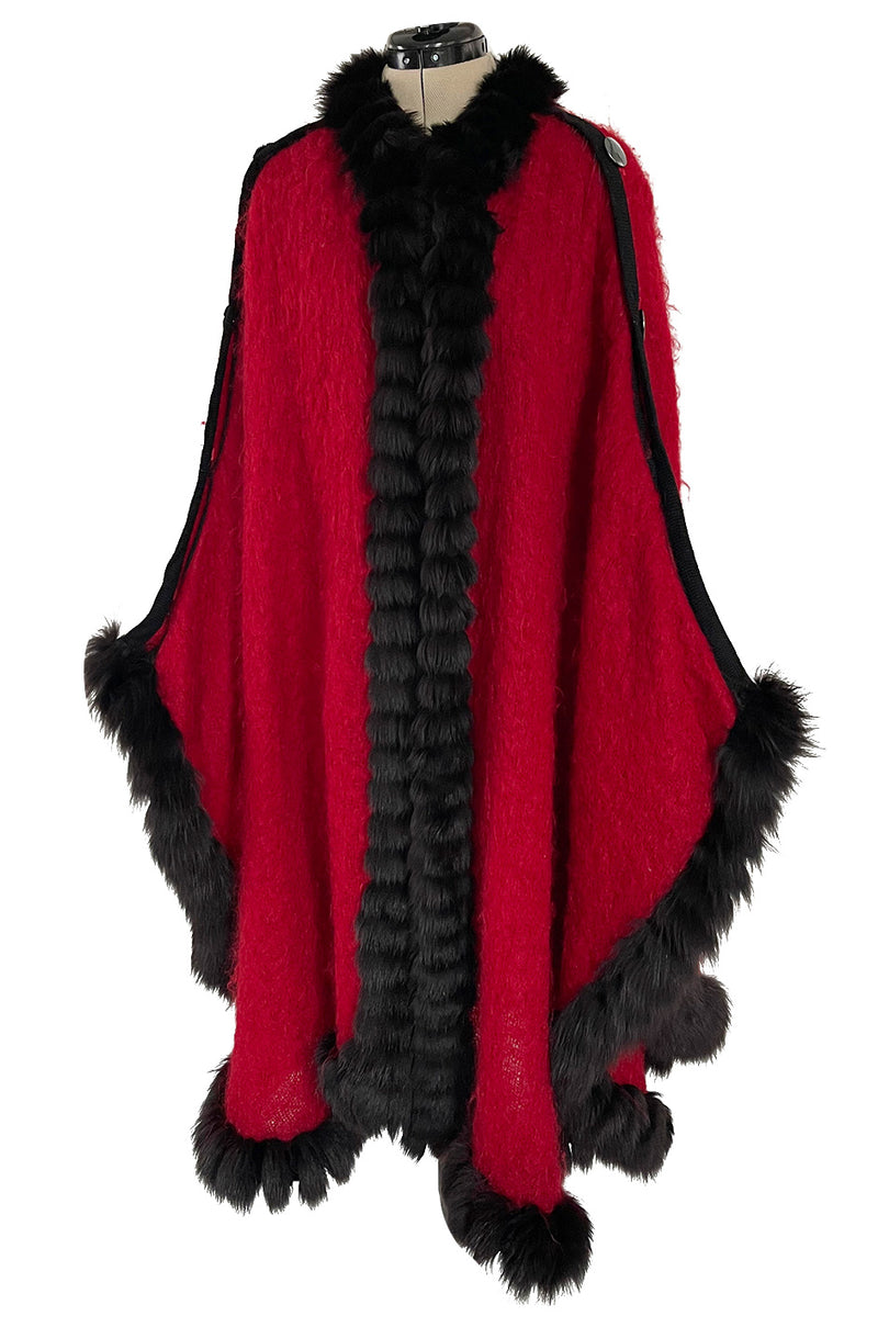 Fabulous 1970s Yves Saint Laurent Red Mohair Cape w Black Fox Fur Trim & Button Detailing