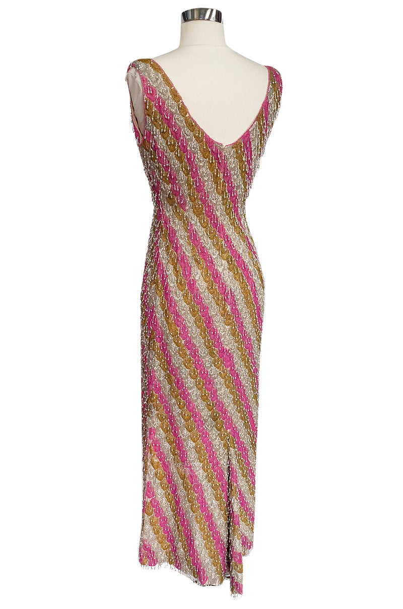 Spectacular 1950s Unlabeled Pink & Gold Glass Bead & Pearl Dress