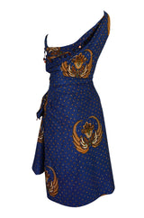 1950s Margie Webb Original Printed One Shoulder Sarong Dress