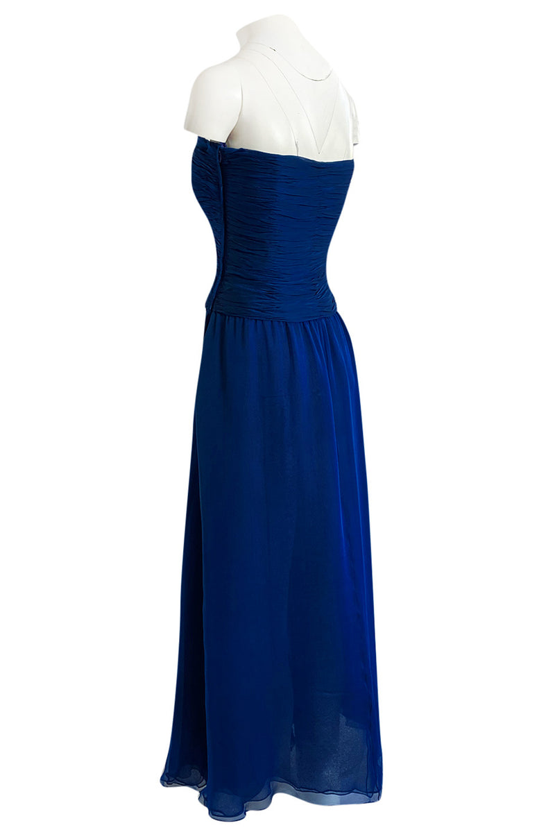 Spring 1990 Oscar De La Renta Deep Sapphire Blue Silk Chiffon Straples Shrimpton Couture Spring 1990 Oscar De La Renta Deep Sapphire Blue Silk Chiffon Straples Shrimpton Couture