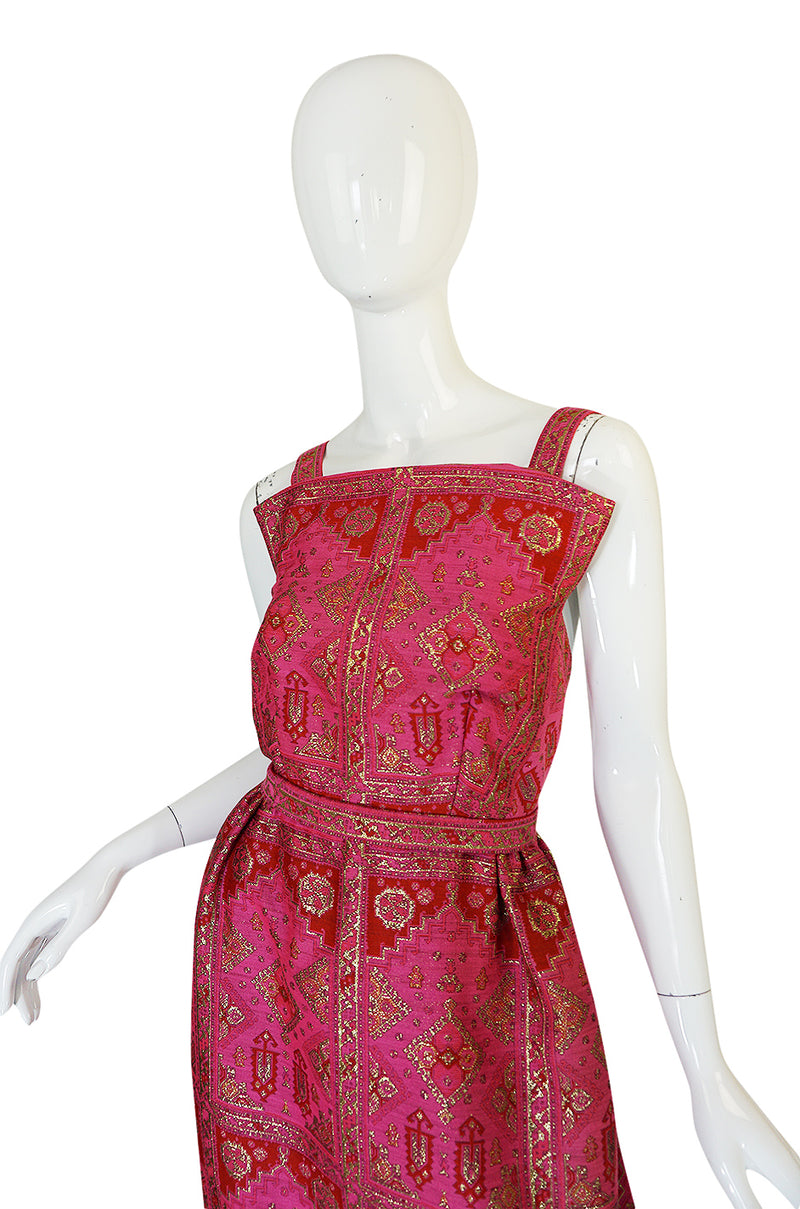 Unusual 1960s Backless Pink & Gold Metallic Brocade Dress
