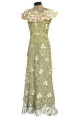 Early 1960s Carven Couture Pale Green Silk Organdy Embroidered Cut Out Dress