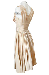1960s Unlabeled Norman Norell Creamy Ivory Silk Knife Pleat Dress