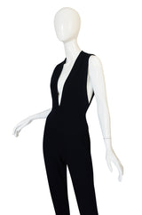 1980s Donna Karan Plunging Stretch Stirrup Pant Jumpsuit