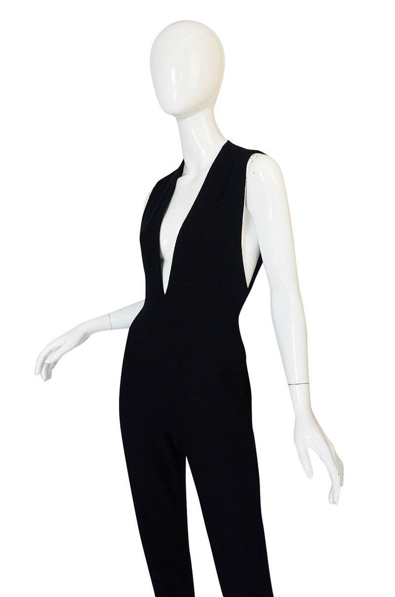 1980s Donna Karan Plunging Stretch Stirrup Pant Jumpsuit