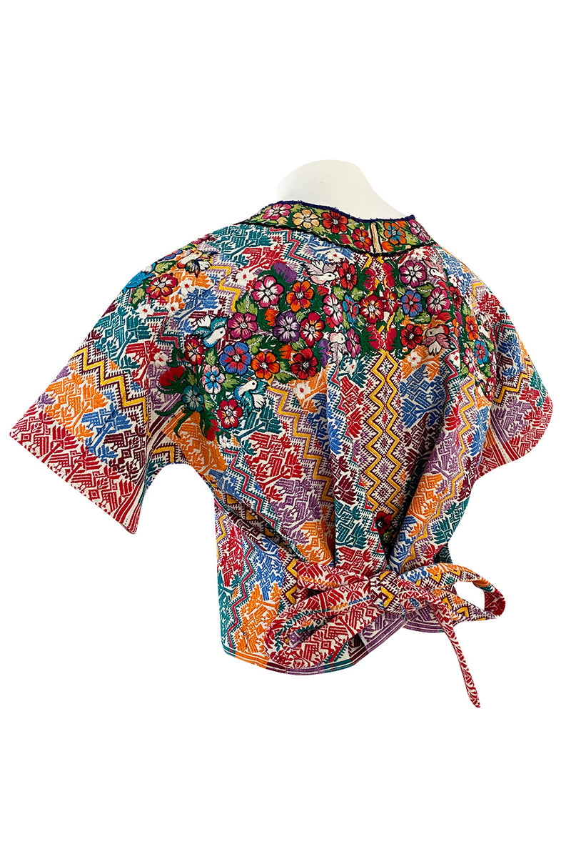 Vintage Mexican Artisan Bright Coloured Pattern Hand Embroidered Flowers & Birds Top