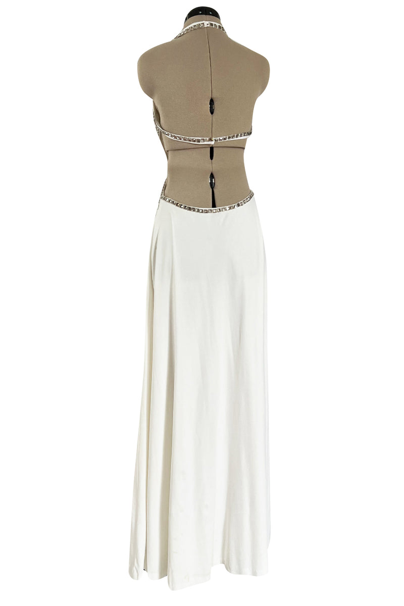 Stellar 1970s Luis Estevez Backless White Jersey Dress w Silver Studded Front