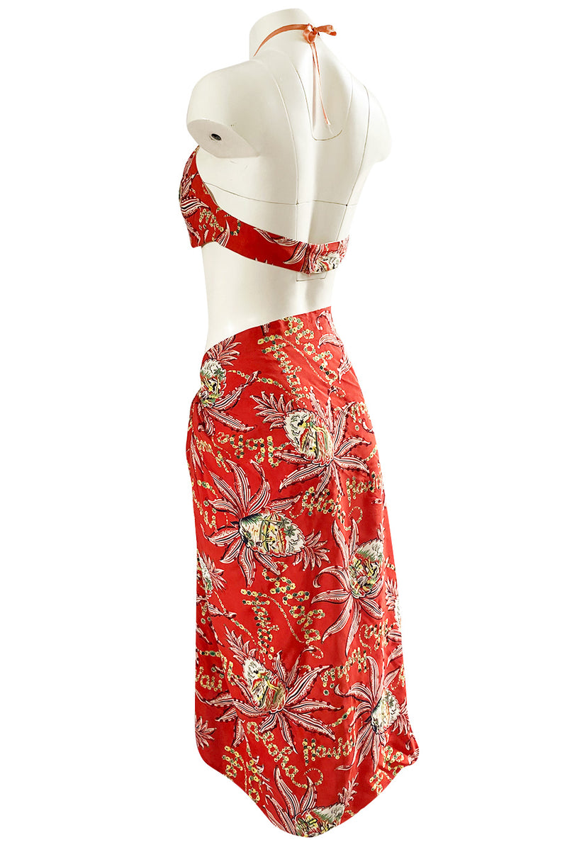 Rare 1930s 1940s Hawaiian Novelty Print Sarong & Halter Set w Fused Sequins