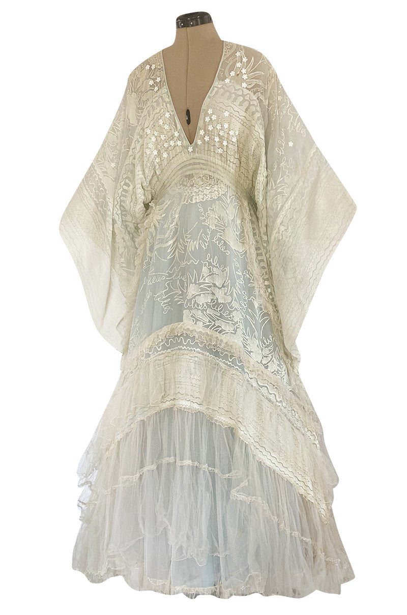 Important 1972 Zandra Rhodes Hand Painted 'Butterfly' Kimono Sleeve Dress w Lily Print & Original Petticoat