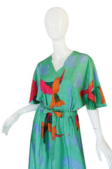 1970s Hanae Mori Green & Tropical Bird Caftan Dress