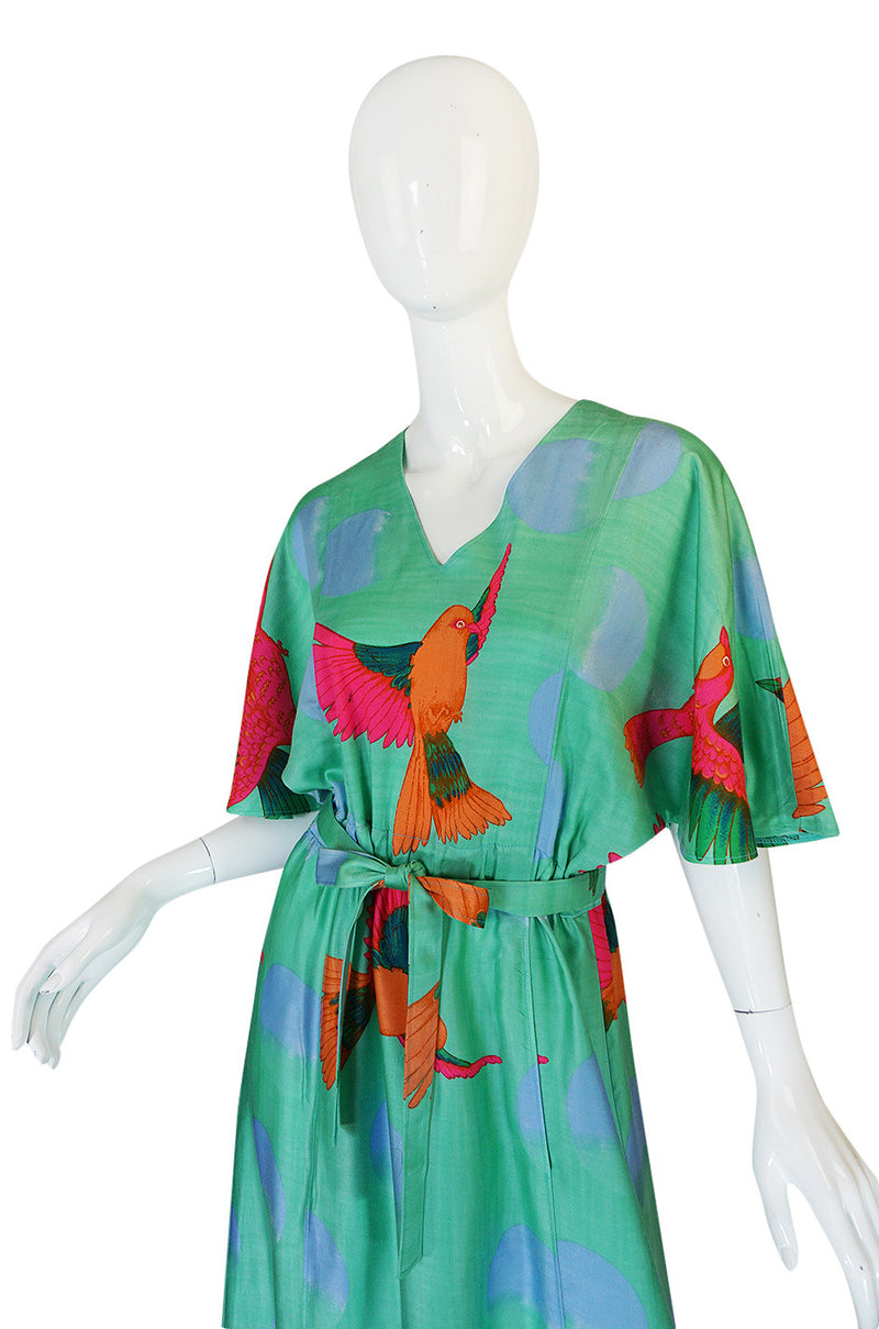 1970s Hanae Mori Green & Tropical Bird Caftan Dress
