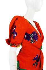 1980s Bow Print Odicini Couture Red Wrap Dress
