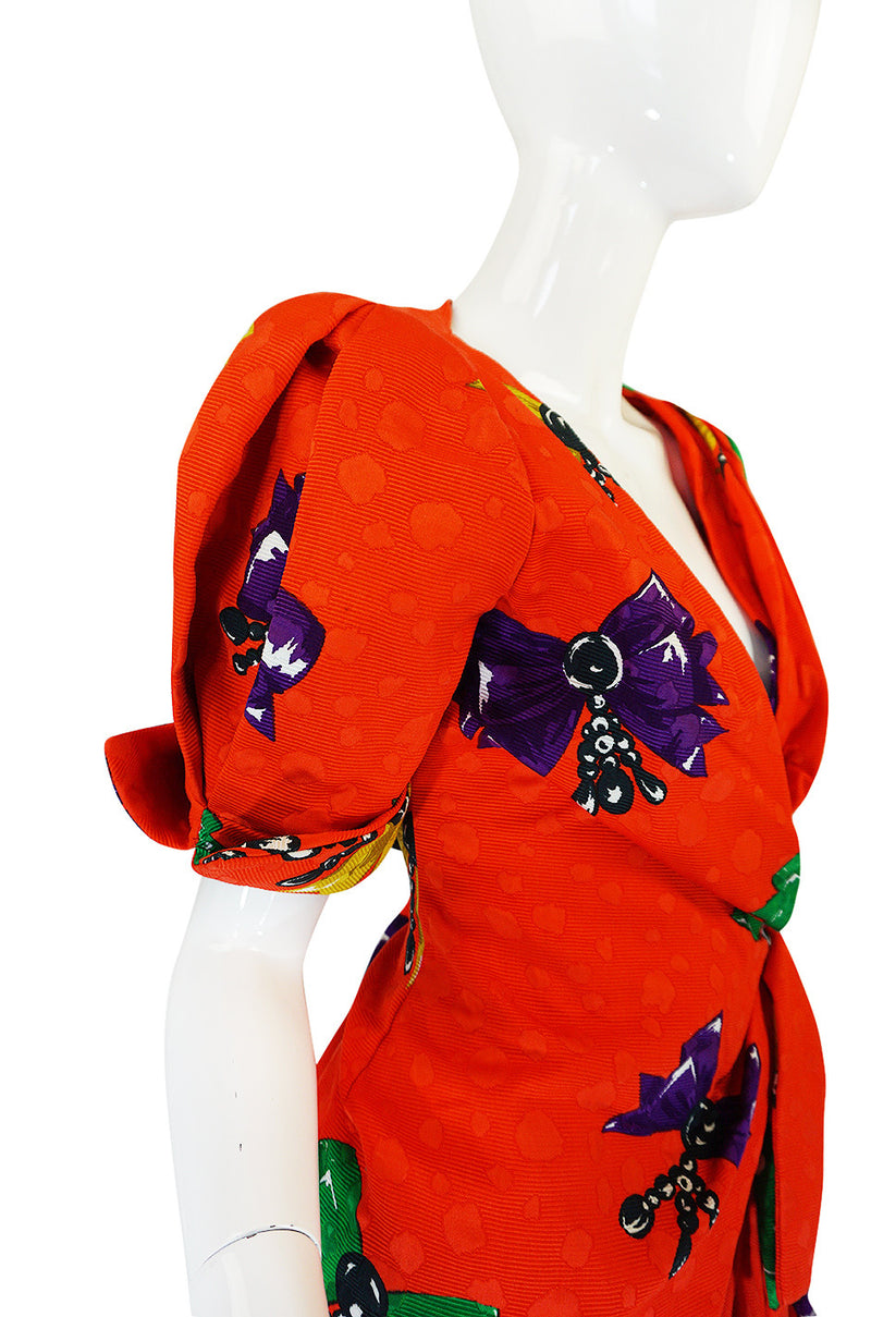 1980s Bow Print Odicini Couture Red Wrap Dress