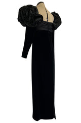 Dramatic 1980s Nina Ricci Black 'Garda' Velvet Dress w Pleated Silk Taffeta Ruffled Shoulders