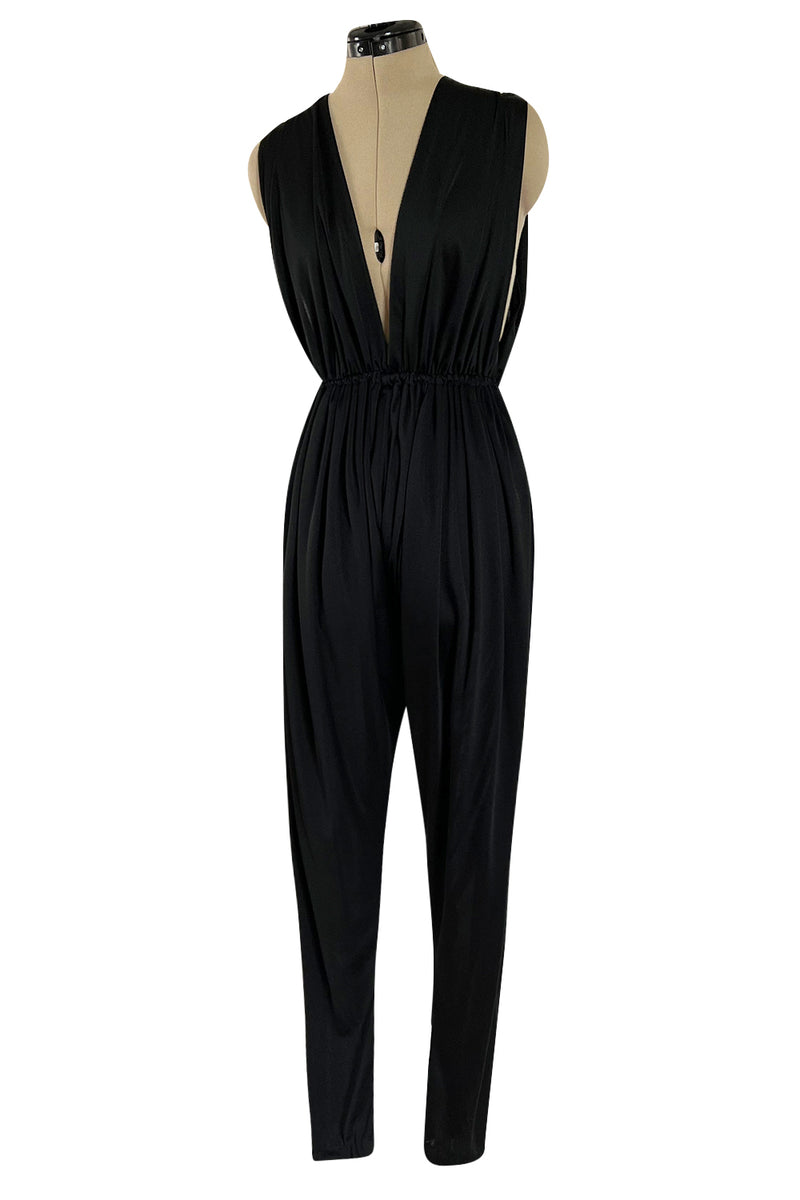 Iconic 1970s Halston Jersey Side & Front Plunging Black Jersey Jumpsuit