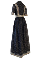 Late 1960s Oscar De La Renta Gold Metallic Eyelash Silk Organza Dress w Silver Metallic Detailing