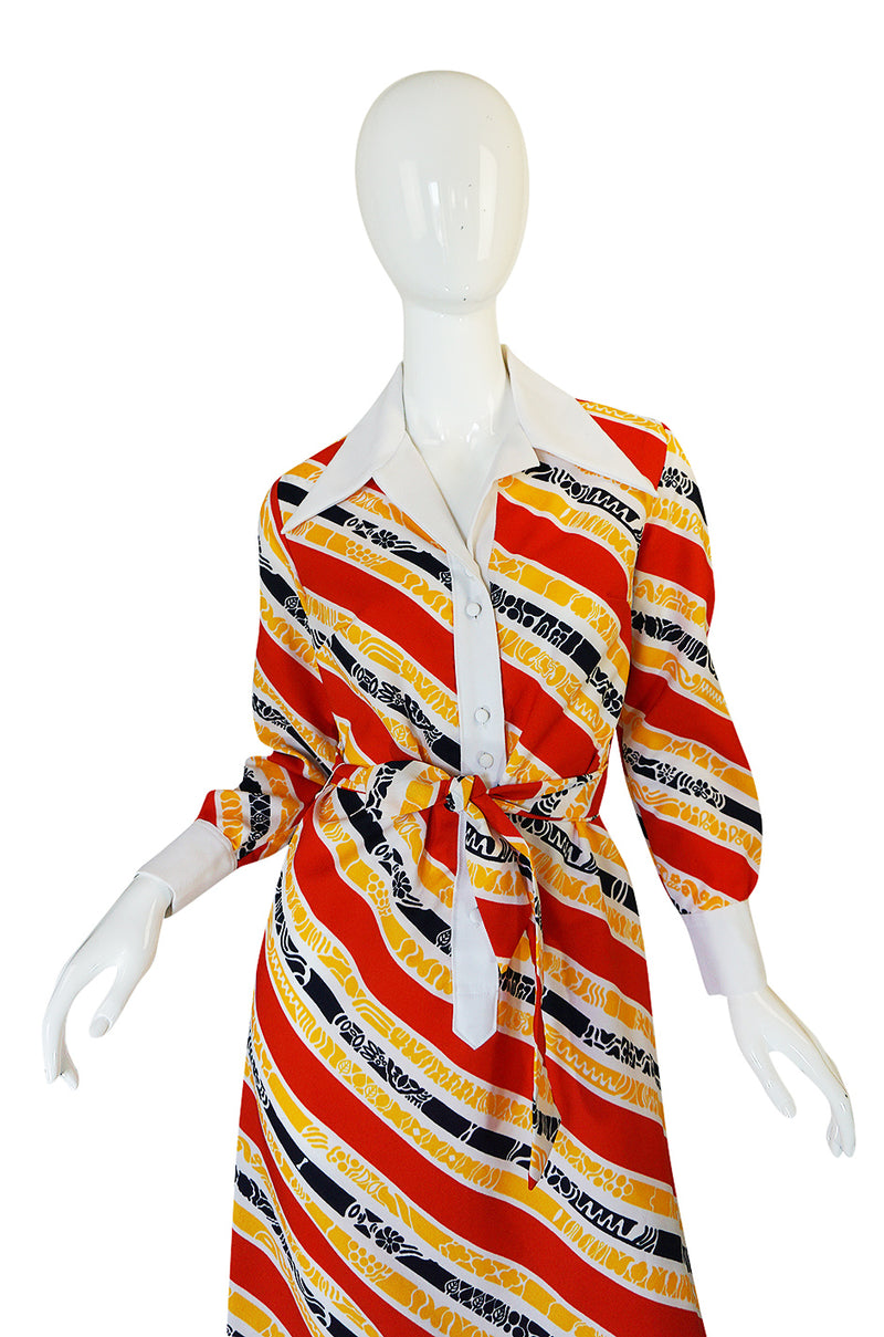 1970s Lanvin Bright Red & Yellow Stripe Printed Shirt Dress