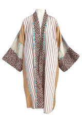 1980s Koos Van Den Akker Patchwork Collage Wrapped Cotton Coat or Dress w Wide Sash