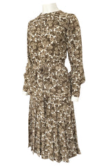 1970s Yves Saint Laurent Soft Brown Floral Print Silk Dress Top & Skirt Set