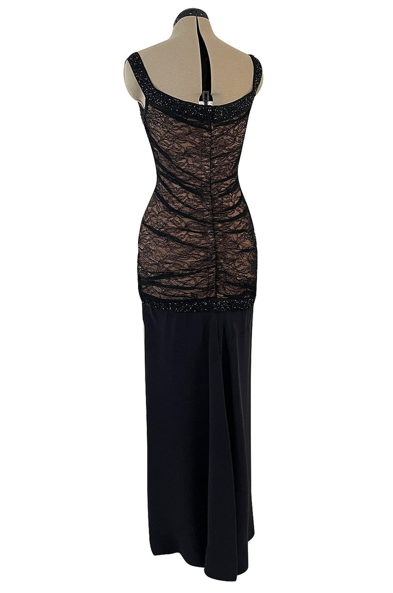 Original Fall 1997 Herve Leger Couture Lace & Bead Bandage Fitted Black Dress w Wide Straps