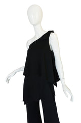 1970s Black Jersey One Shoulder Tiered Jumpsuit