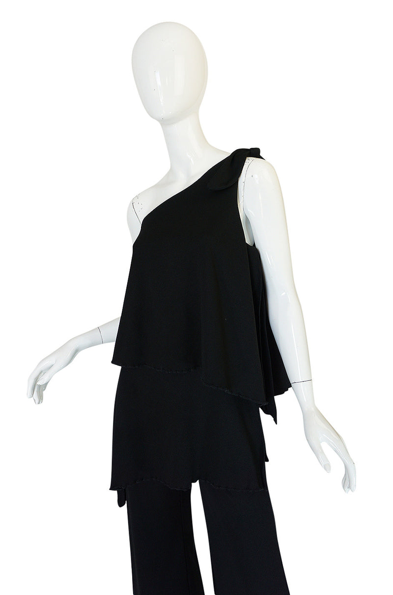 1970s Black Jersey One Shoulder Tiered Jumpsuit