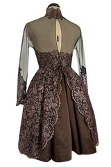 Extraordinary 1990s John Anthony Couture Deep Bronze Lace & Black Silk Netting Full Skirted Dress