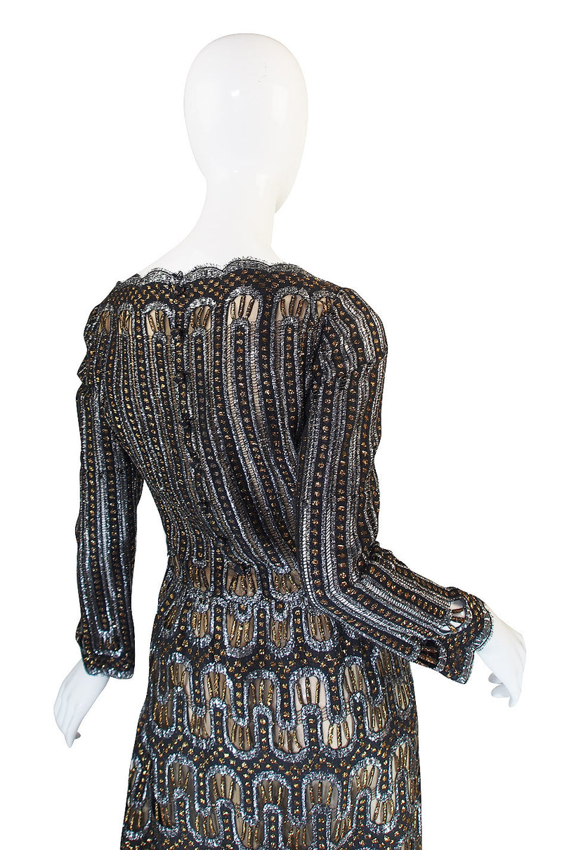 1960s Metallic Pauline Trigere Dress with Cut Outs