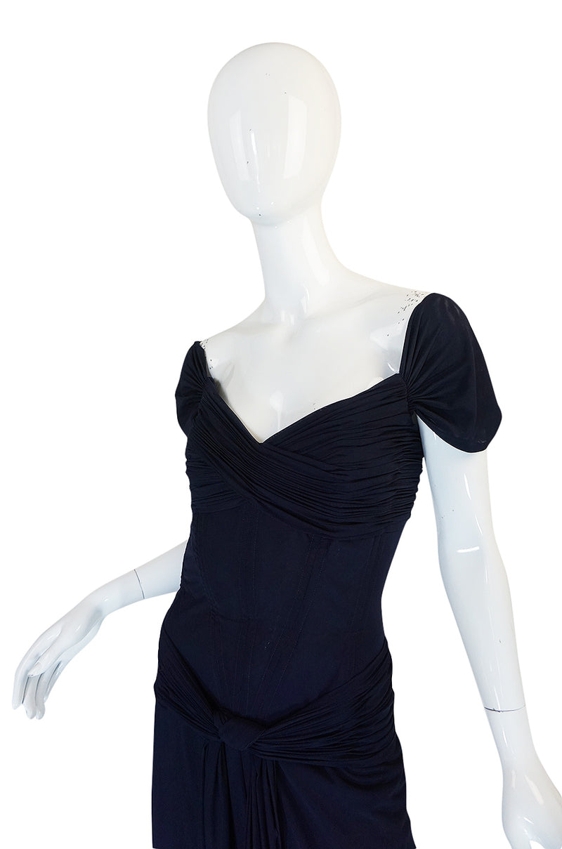 1980s Vicky Tiel Couture Fine Navy Net Draped Corset Dress