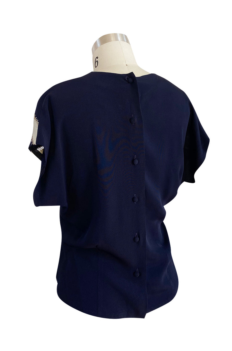 Wonderful 1940s Deep Blue Silk Top w Button Back, Front White Insets & Open Cut Work