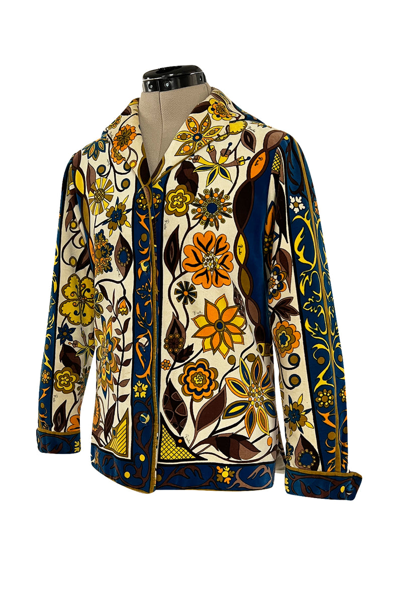 1960s Emilio Pucci Ivory, Yellow, Tan & Deep Blue Print Cotton Velvet Jacket