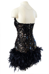 1970s Strapless Black Sequin Micro Mini Dress w Feather Hem