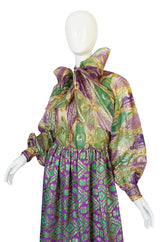 Bowed c1969 Oscar de la Renta Metallic Silk Hostess Dress