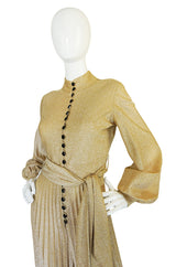 1970s Gold Lame Knit Jumpsuit with Wide Pleated Legs