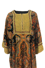 1960s Unlabeled Printed Velveteen & Elaborate Gold Braid Caftan Dress