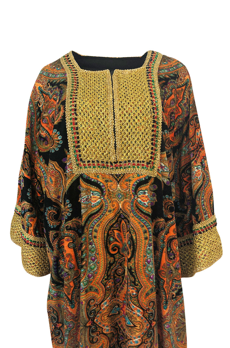 1960s Unlabeled Printed Velveteen & Elaborate Gold Braid Caftan Dress