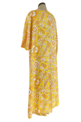1960s Unusual Wrapped & Tie Printed Yellow Jumpsuit w Full Length Caped Back