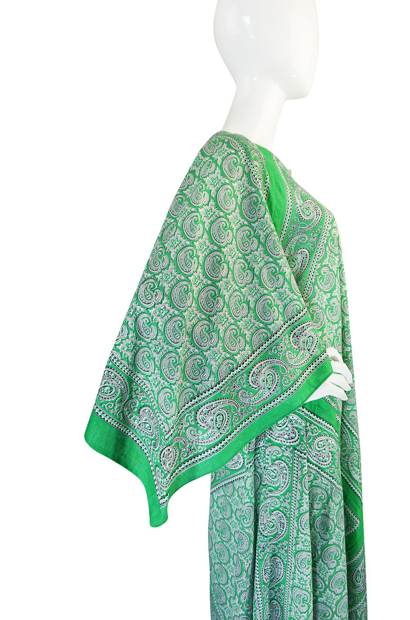 1970s Green Print Bandanna Scarf Cotton Caftan Dress