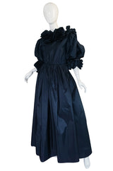 1980s Bill Blass Midnight Blue Silk Taffeta Plunging Ruffled Dress