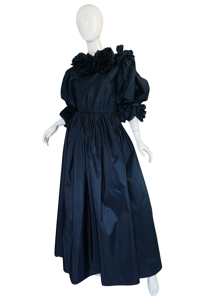 1980s Bill Blass Midnight Blue Silk Taffeta Plunging Ruffled Dress
