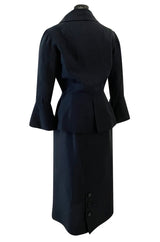 Stunning 1950s Jacques Fath Deep Navy Blue Silk Button Vent & Side Button Jacket Suit