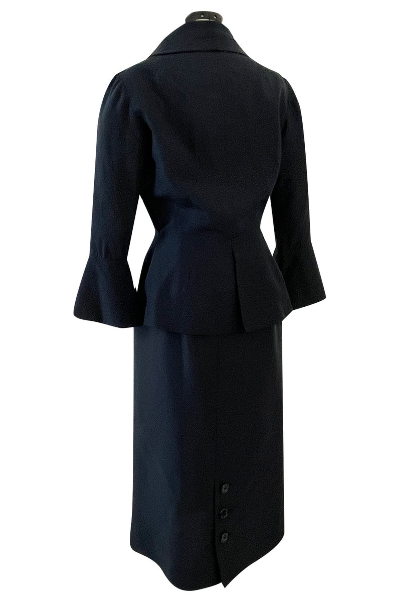 Stunning 1950s Jacques Fath Deep Navy Blue Silk Button Vent & Side Button Jacket Suit
