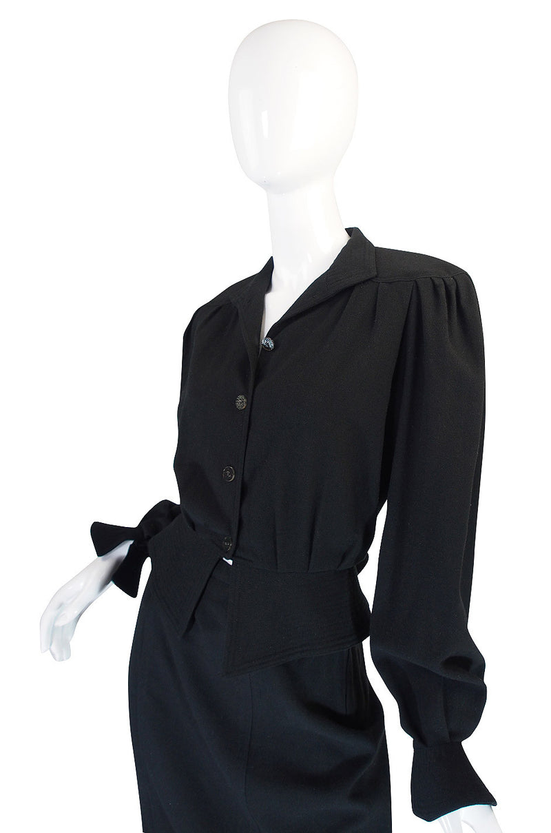 1970s Black Crepe Jean Muir Peplum Suit
