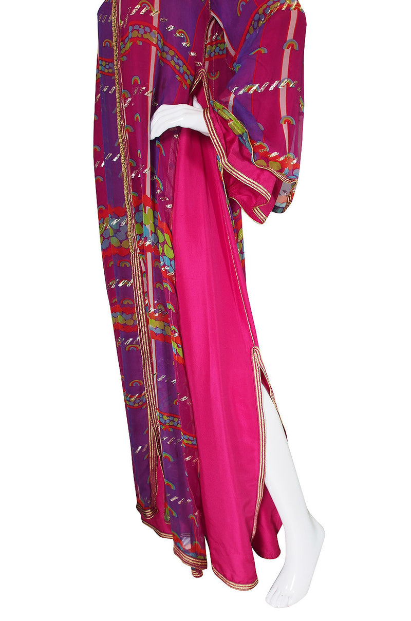 1960s Vivid Pink Silk and Gold Braid Rainbow Caftan