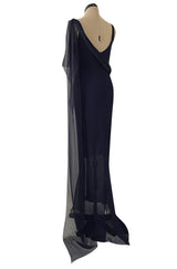 Fabulous 2002 Chanel Cruise Collection Stretch Jersey & Draped Silk Chiffon Midnight Blue Dress