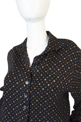 Gorgeous 1970s Print Chloe Black Silk Cuffed Top